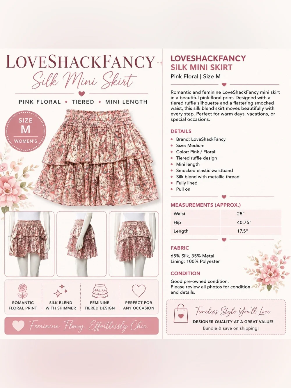 #0308 LoveShackFancy Silk Floral Tiered Mini Skirt – Pink – Size M